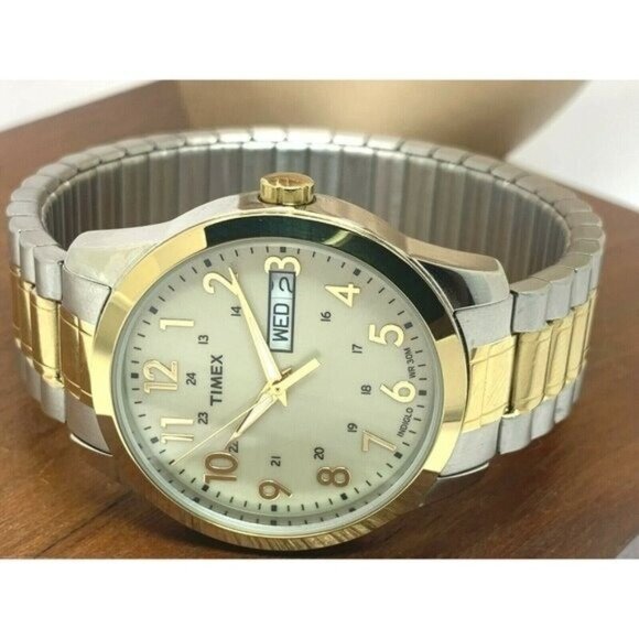 Timex Men's Watch T2M935 Quartz 36mm White Dial Indiglo Two Tone Stretched Band - Picture 9 of 14